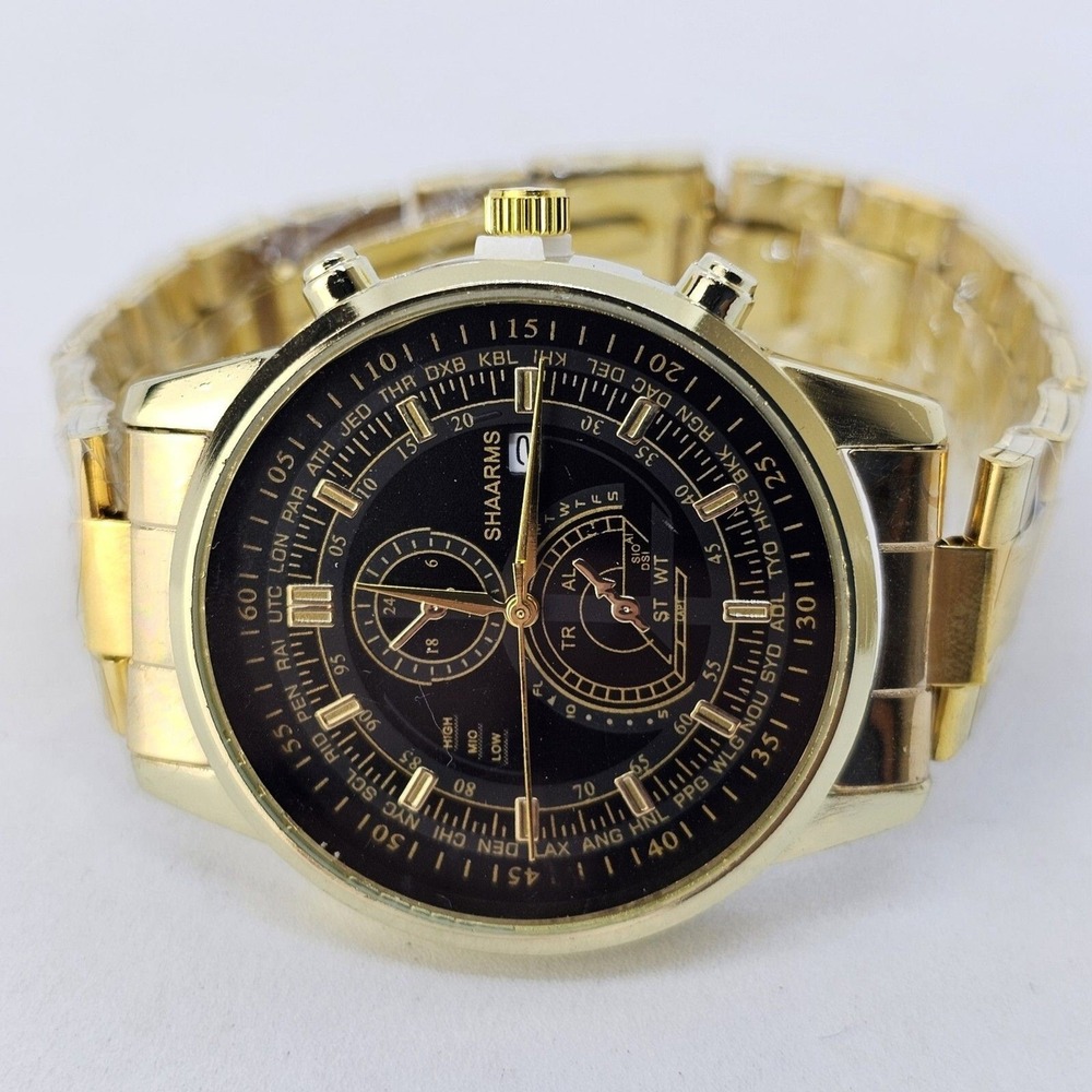 Men's 2PC Watch Bracelet Set 41MM Black Dial Date Gold Bracelet Band 7" Wrist - Picture 8 of 14